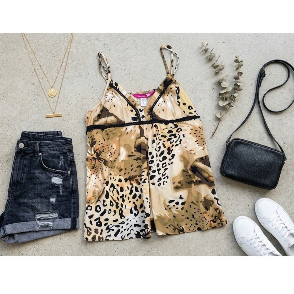 Bumble B Babydoll Camisole Leopard Animal Print Lace Trim Top Large Y2K Mob Wife
